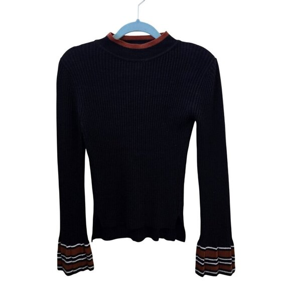 J.O.A. Los Angeles NWOT Navy Ribbed Flared Sleeve Contrast Stripe Top Size XS - Picture 2 of 6